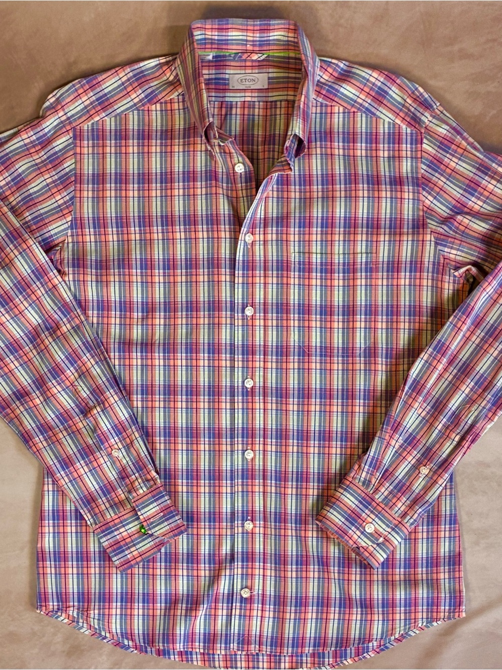 Eton Slim Fit Multicolor Plaid Button Down Shirt Mens Sz Large Contrast Button